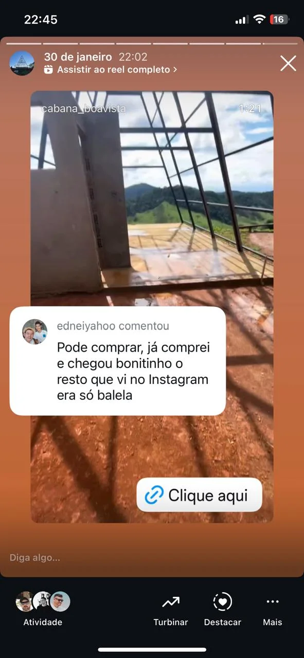 Comentário de aluno sobre a construção da cabana
